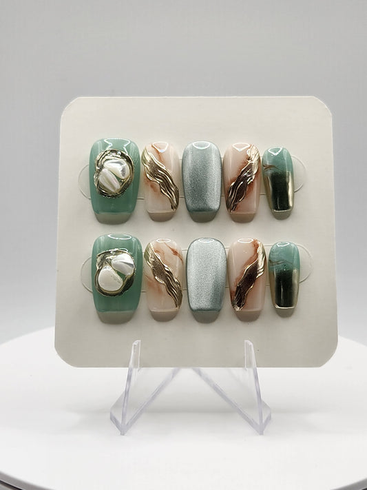 Jade Marble - Short Coffin Press-On Nails