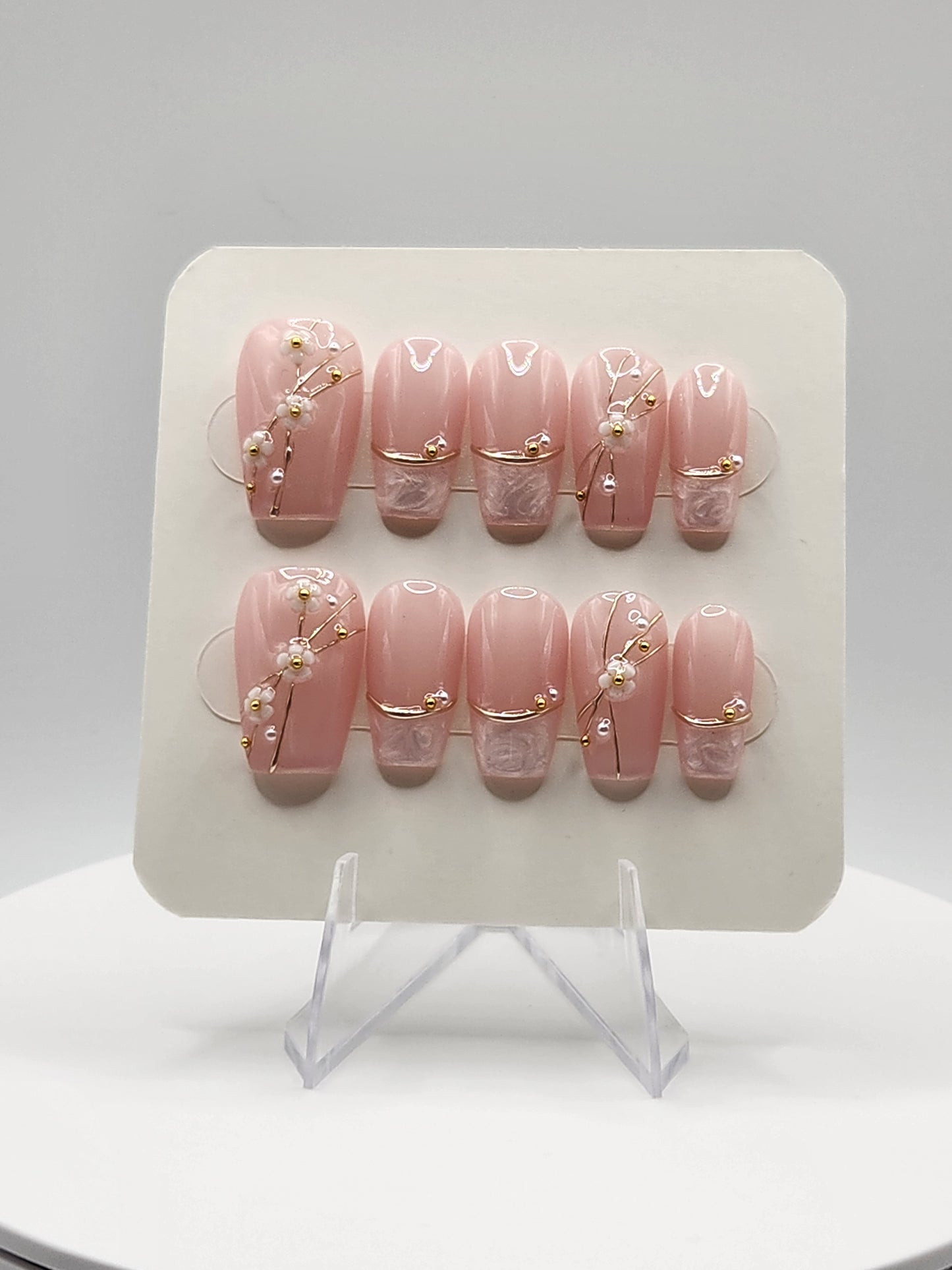 Briar Rose — Short Coffin Press-On Nails | Pearl French Tips, Gold Wire & 3D Flower Charms