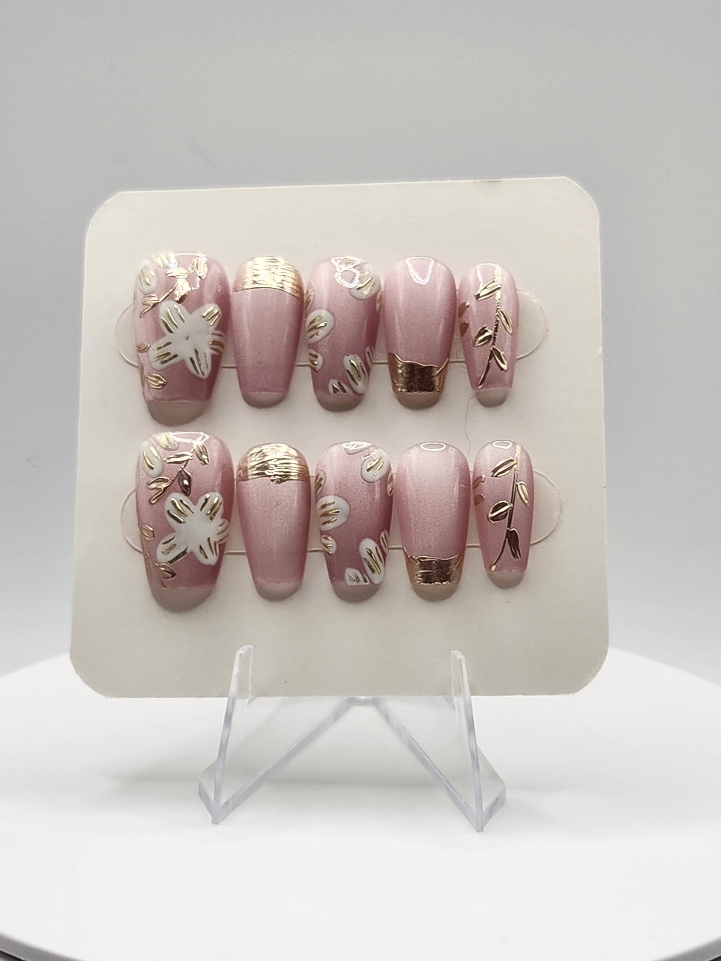 Golden Garden — Short Coffin Press-On Nails | Pink Cat-Eye, Gold Chrome & Handpainted White Flowers