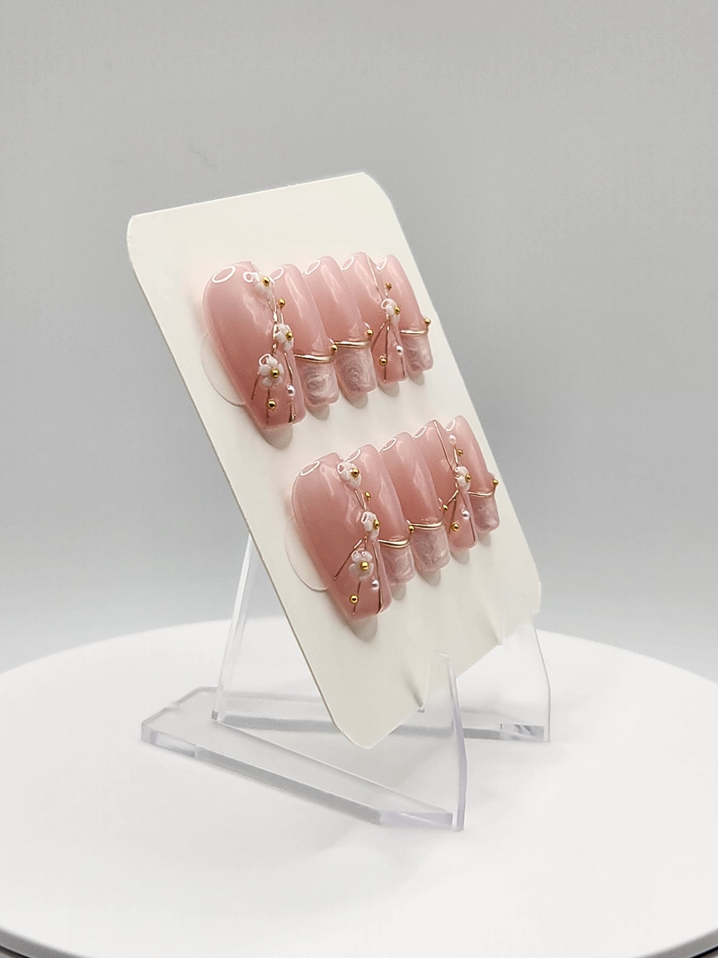 Briar Rose — Short Coffin Press-On Nails | Pearl French Tips, Gold Wire & 3D Flower Charms
