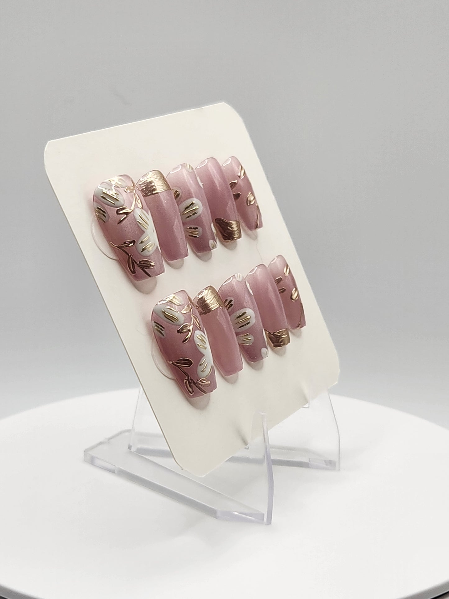 Golden Garden — Short Coffin Press-On Nails | Pink Cat-Eye, Gold Chrome & Handpainted White Flowers