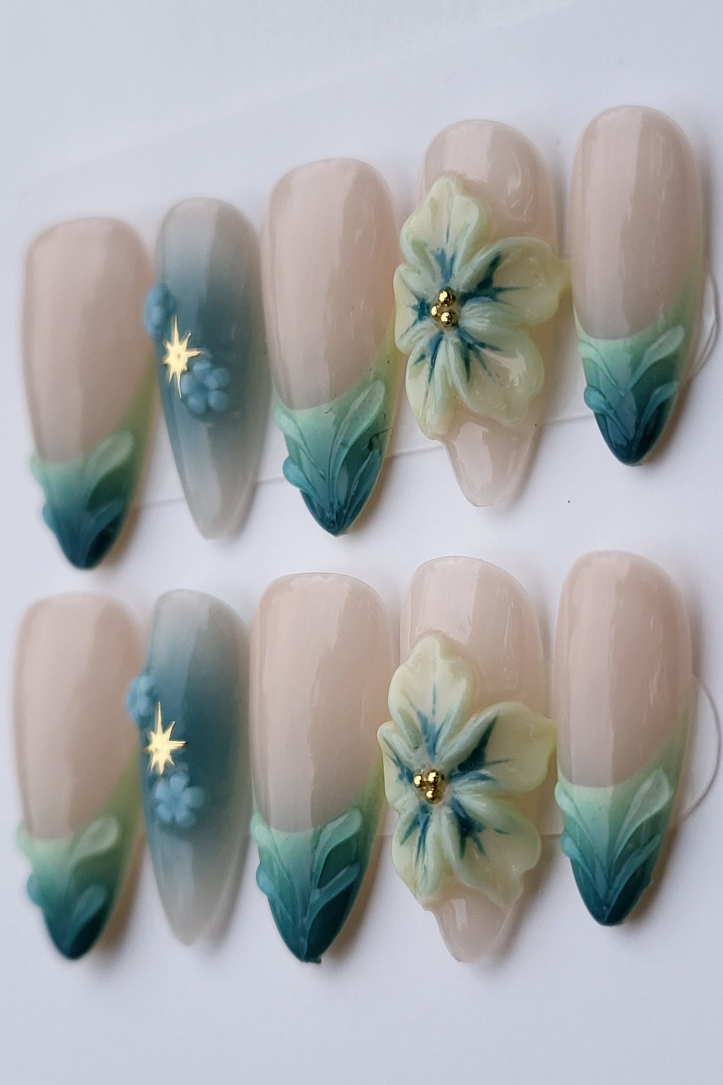 Jade Bloom Medium Almond Press-On Nails | Size Medium