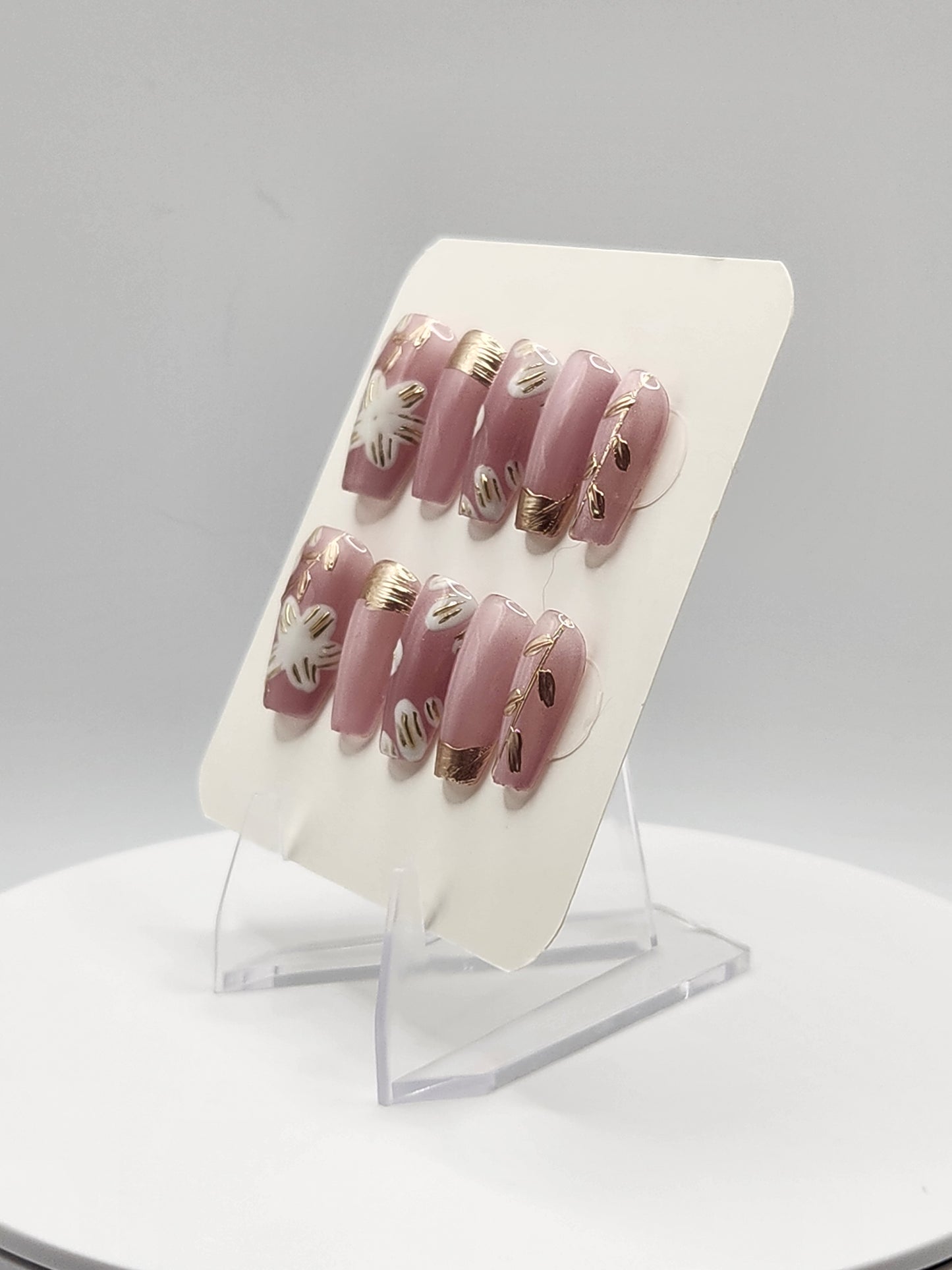 Golden Garden — Short Coffin Press-On Nails | Pink Cat-Eye, Gold Chrome & Handpainted White Flowers