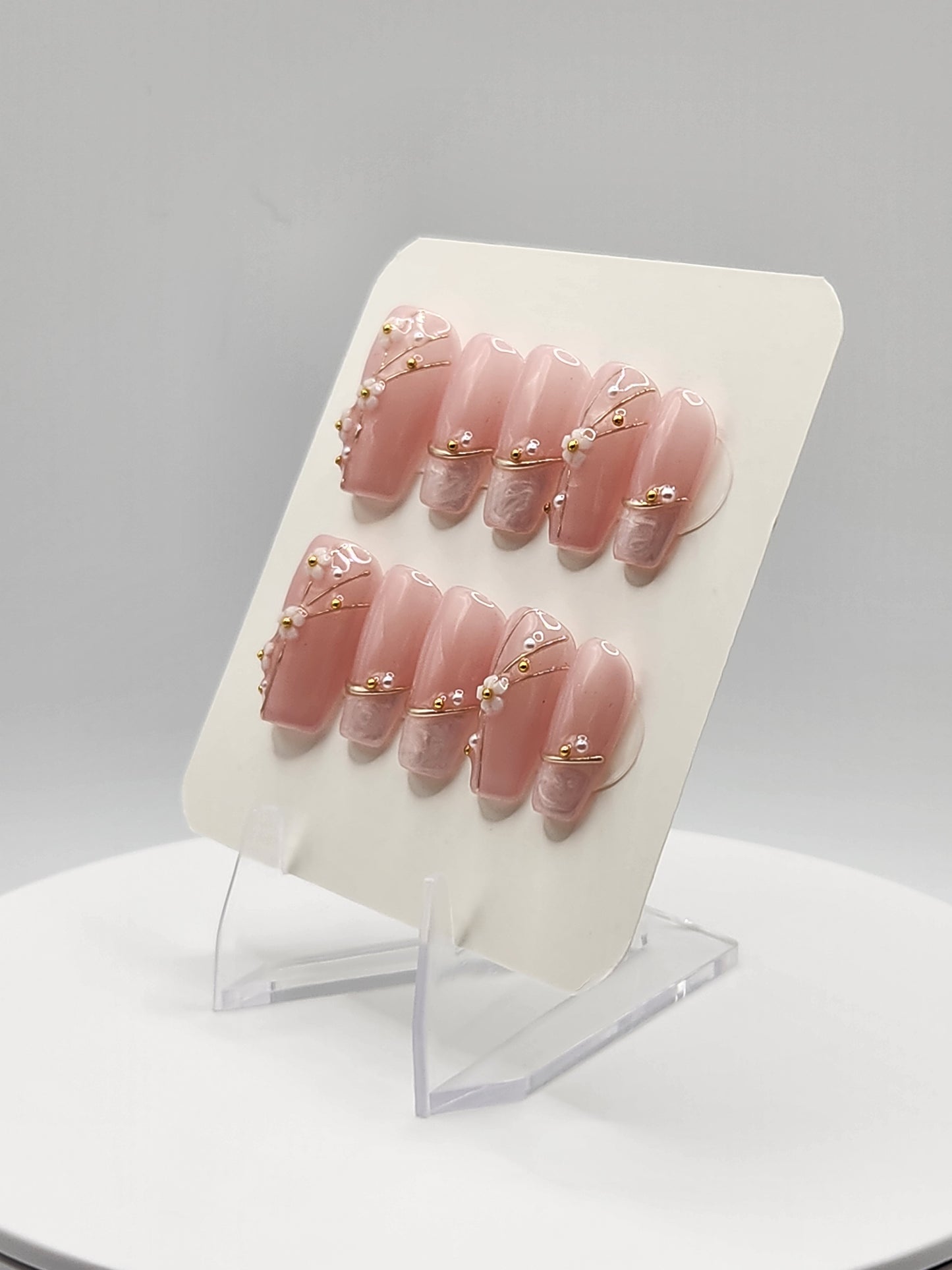 Briar Rose — Short Coffin Press-On Nails | Pearl French Tips, Gold Wire & 3D Flower Charms