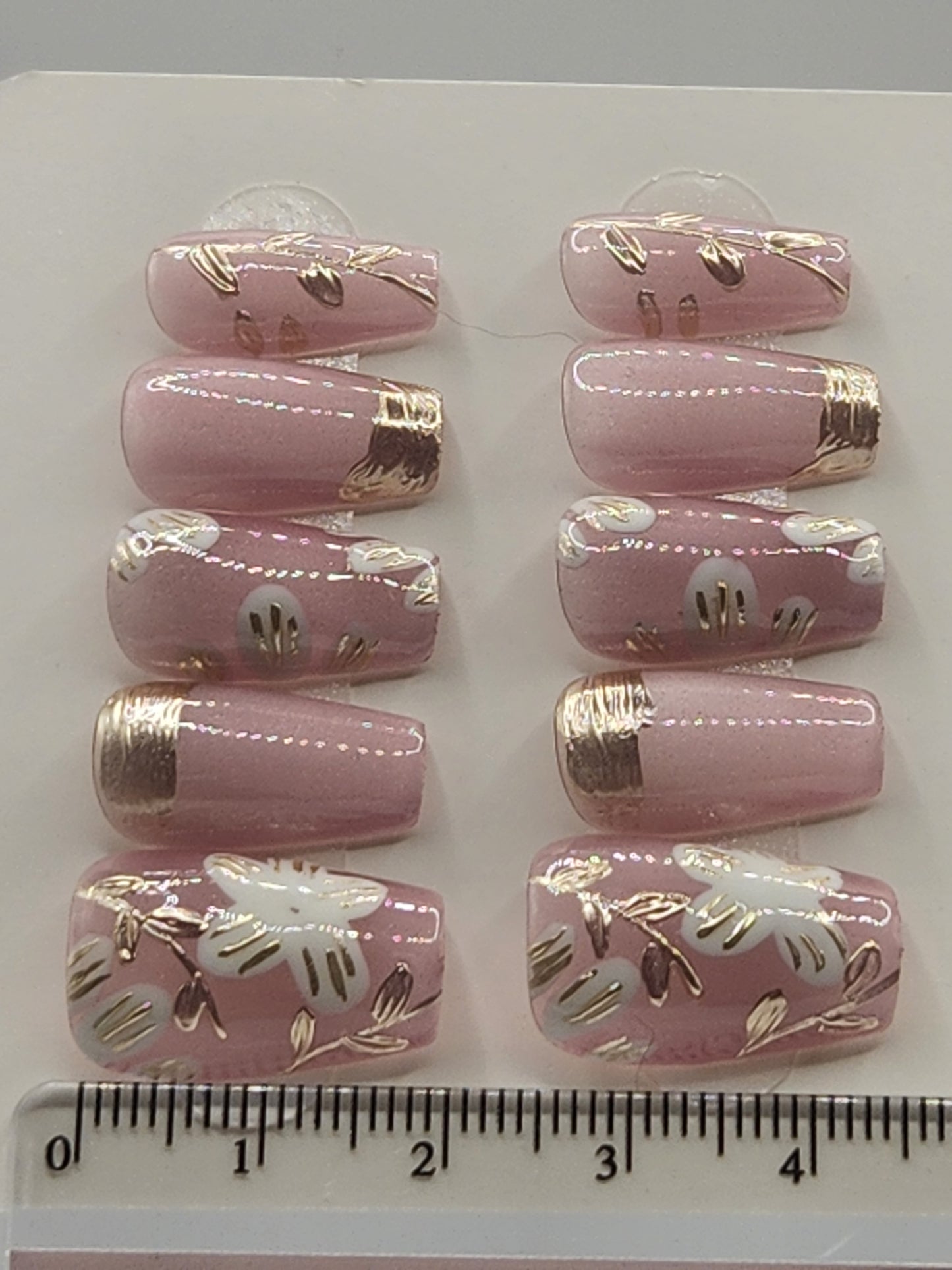 Golden Garden — Short Coffin Press-On Nails | Pink Cat-Eye, Gold Chrome & Handpainted White Flowers