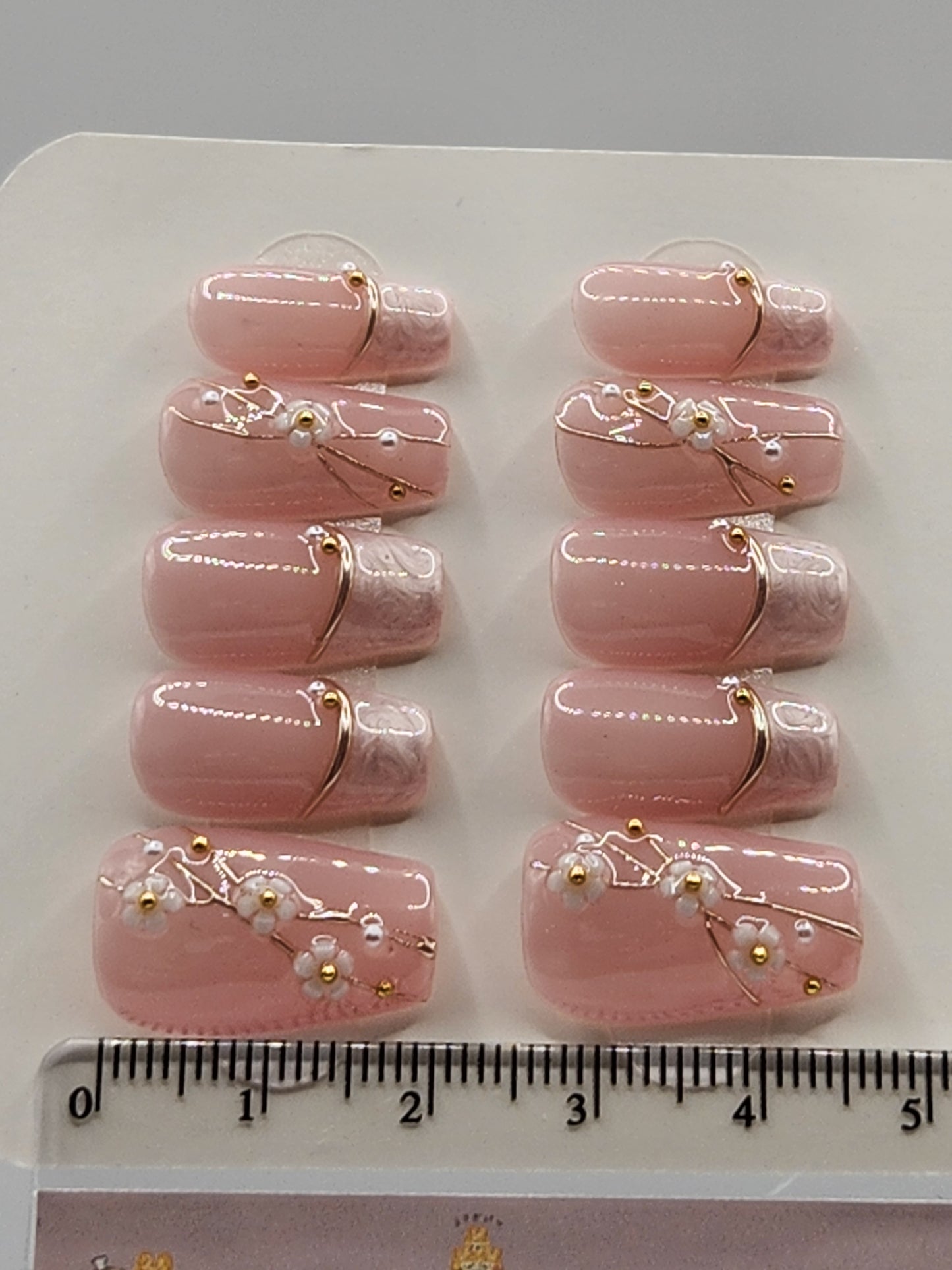 Briar Rose — Short Coffin Press-On Nails | Pearl French Tips, Gold Wire & 3D Flower Charms