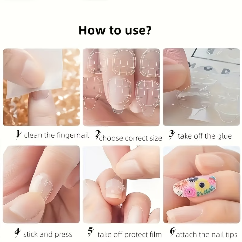 Step-by-step guide on how to use nail tips with images of hands and nail tips.