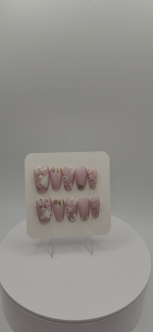 Golden Garden — Short Coffin Press-On Nails | Pink Cat-Eye, Gold Chrome & Handpainted White Flowers